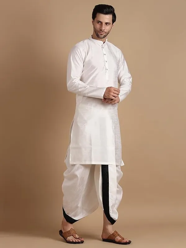 Cream_&_Bottle_Green_Dupion_Silk_Readymade_Dhoti_Kurta_Set_For_Men