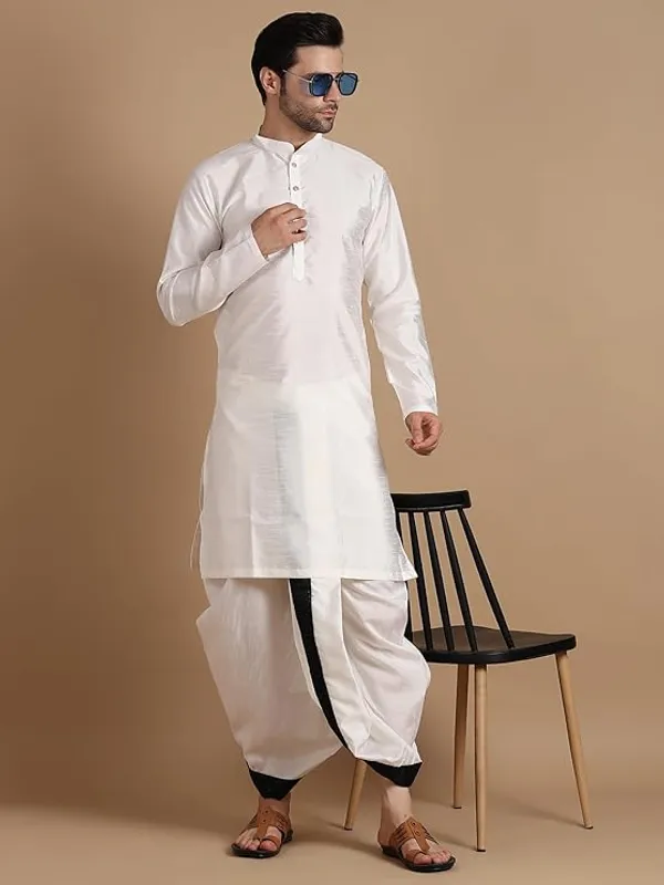 Cream_&_Bottle_Green_Dupion_Silk_Readymade_Dhoti_Kurta_Set_For_Men