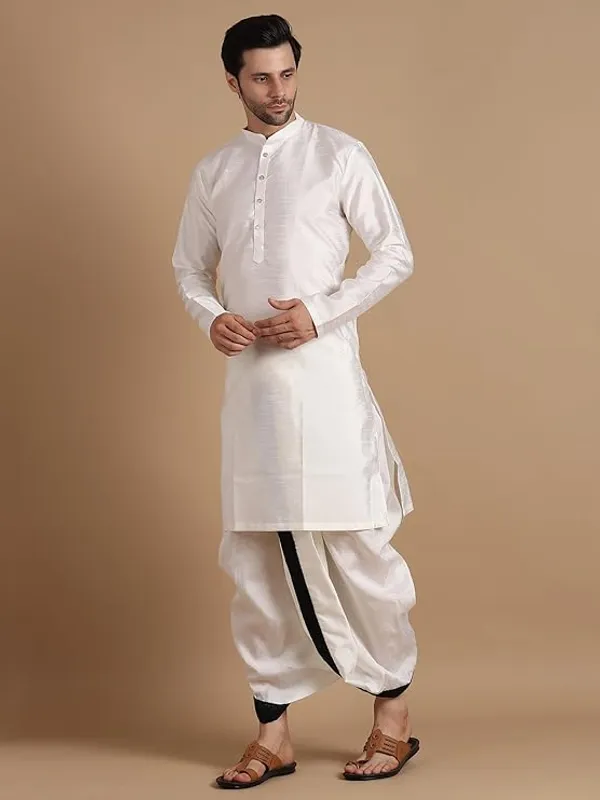 Cream_&_Bottle_Green_Dupion_Silk_Readymade_Dhoti_Kurta_Set_For_Men