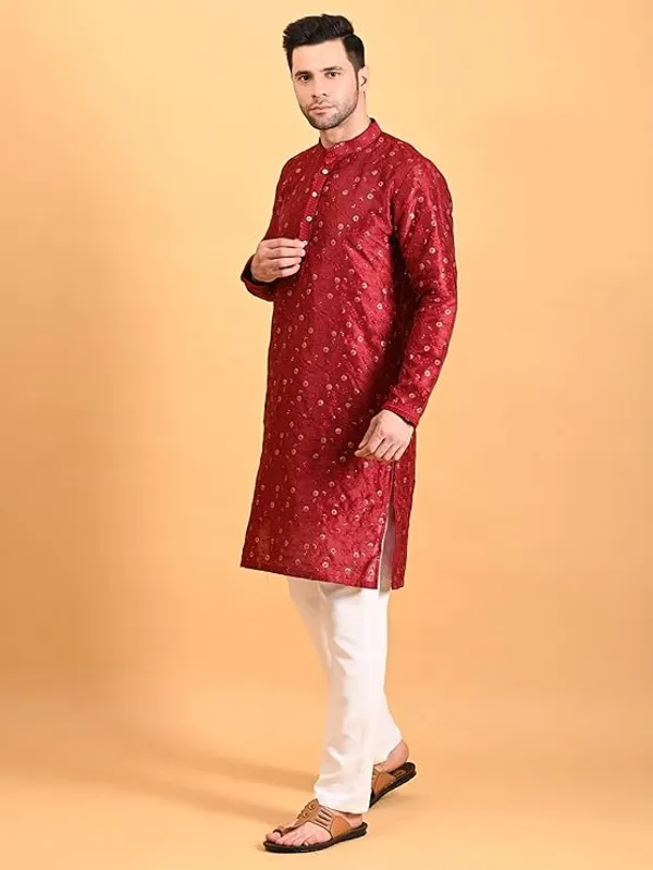 Maroon_&_White_Embroidery_Silk_Kurta_Pyjama_Set_For_Men
