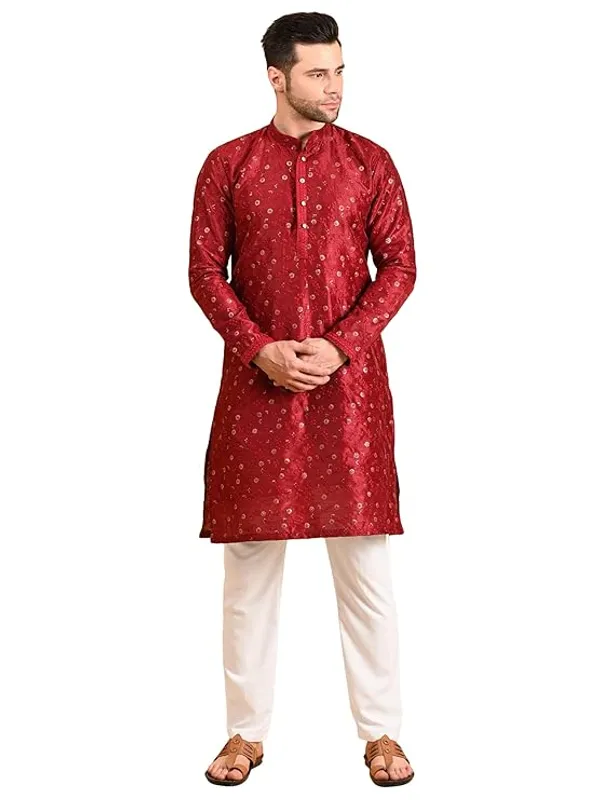 Maroon_&_White_Embroidery_Silk_Kurta_Pyjama_Set_For_Men