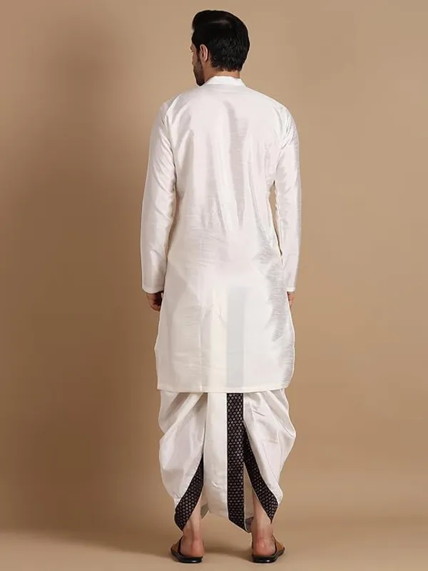 Cream_&_Wine_Dupion_Silk_Readymade_Dhoti_Kurta_Set_For_Men