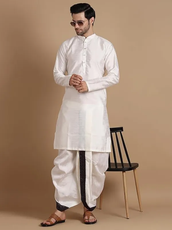Cream_&_Wine_Dupion_Silk_Readymade_Dhoti_Kurta_Set_For_Men