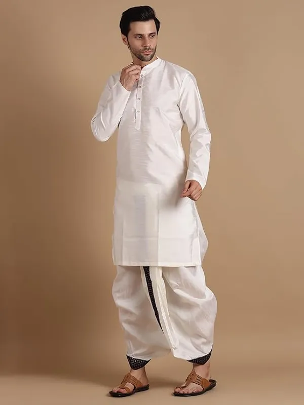 Cream_&_Wine_Dupion_Silk_Readymade_Dhoti_Kurta_Set_For_Men