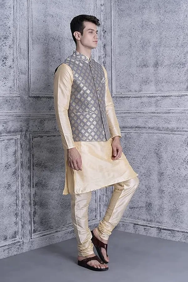 Golden_&_Grey_Silk_Blend_Kurta_Pajama_With_Designer_Ethnic_Nehru_Jacket_For_Men