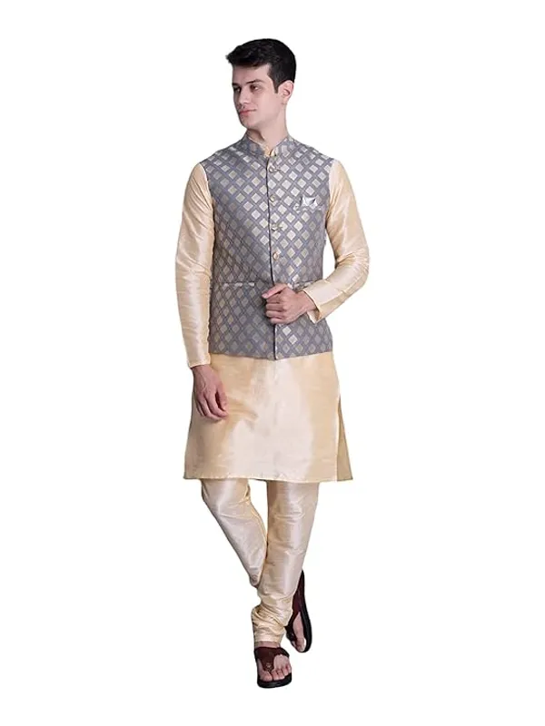 Golden_&_Grey_Silk_Blend_Kurta_Pajama_With_Designer_Ethnic_Nehru_Jacket_For_Men