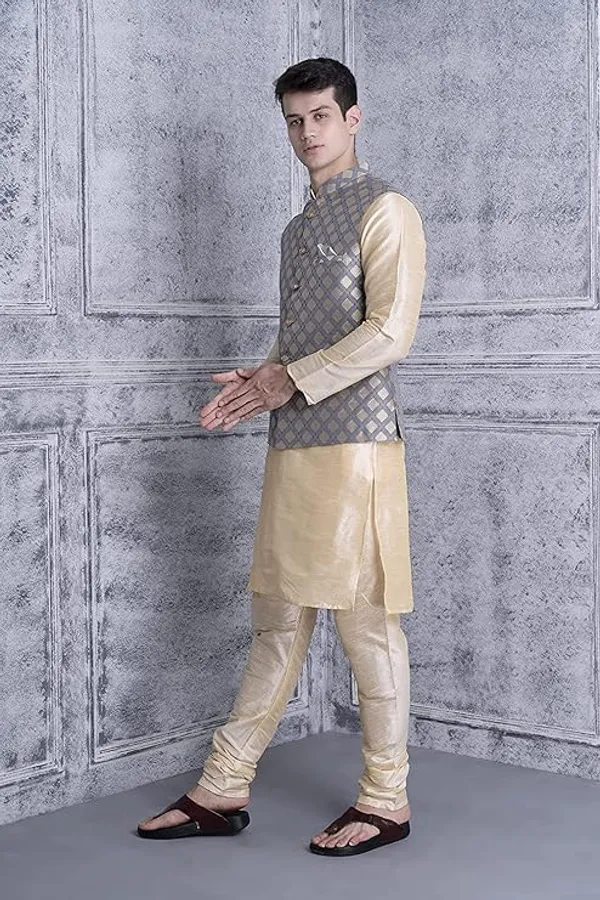 Golden_&_Grey_Silk_Blend_Kurta_Pajama_With_Designer_Ethnic_Nehru_Jacket_For_Men