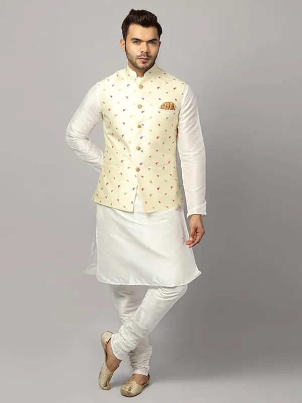 White_&_Rani_Pink_Silk_Blend_Kurta_Pajama_With_Designer_Ethnic_Nehru_Jacket_For_Men