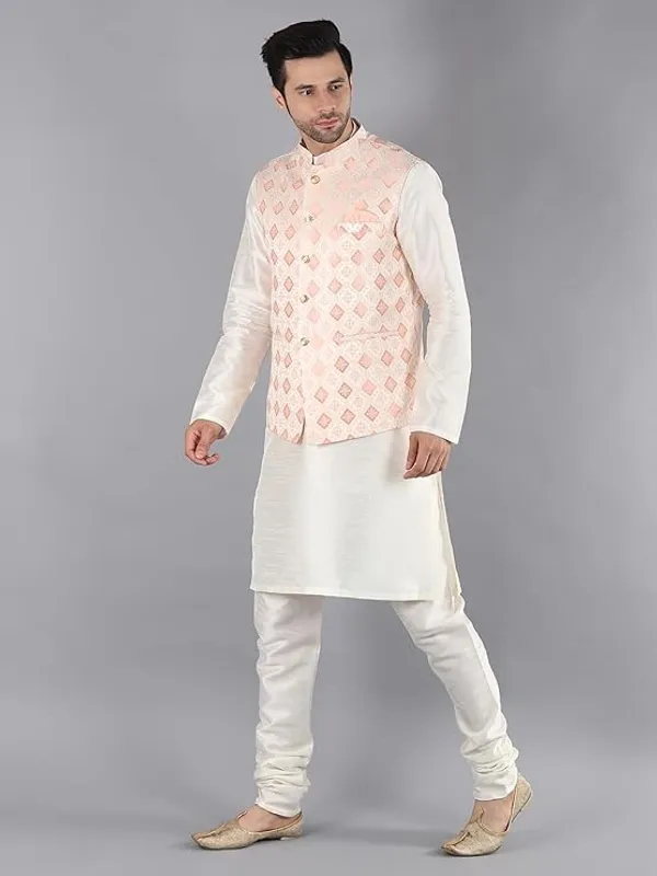 Cream_&_Pink_Silk_Blend_Kurta_Pajama_With_Designer_Ethnic_Nehru_Jacket_For_Men