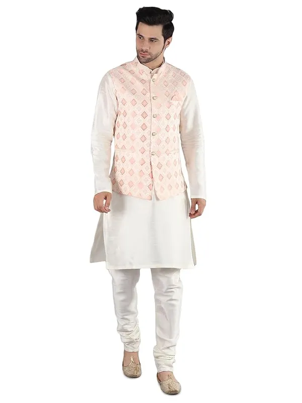 Cream_&_Pink_Silk_Blend_Kurta_Pajama_With_Designer_Ethnic_Nehru_Jacket_For_Men