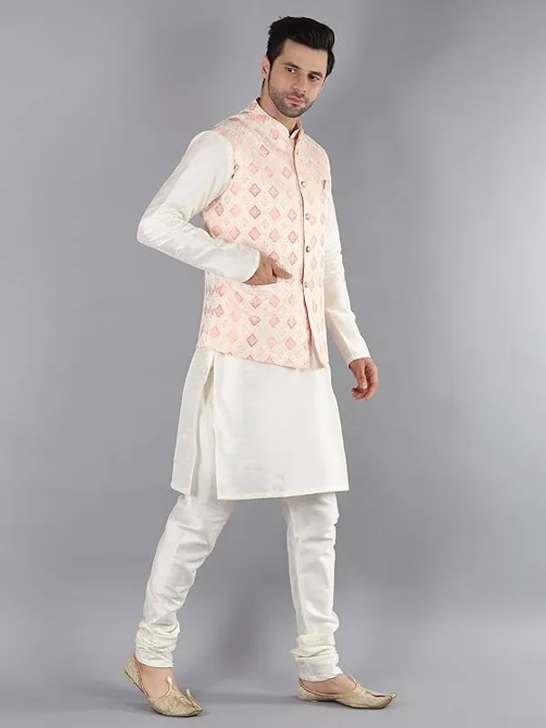 Cream_&_Pink_Silk_Blend_Kurta_Pajama_With_Designer_Ethnic_Nehru_Jacket_For_Men