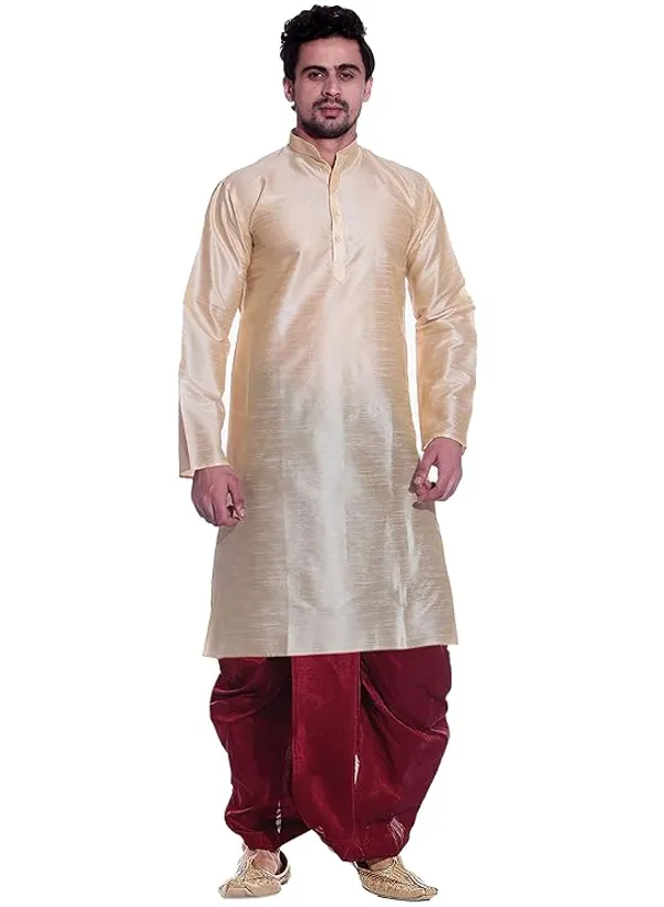 Light_Golden_Dupion_Silk_Readymade_Dhoti_Kurta_Set_For_Men