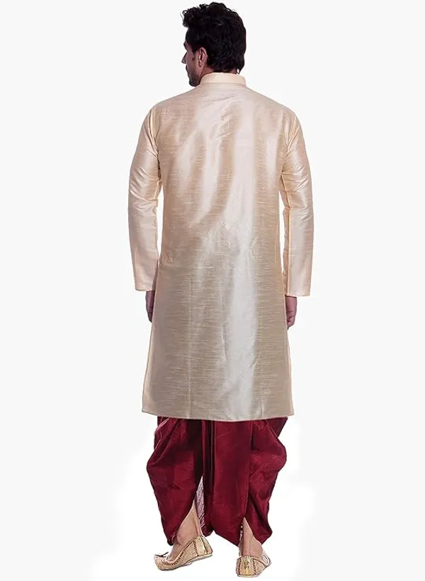 Light_Golden_Dupion_Silk_Readymade_Dhoti_Kurta_Set_For_Men