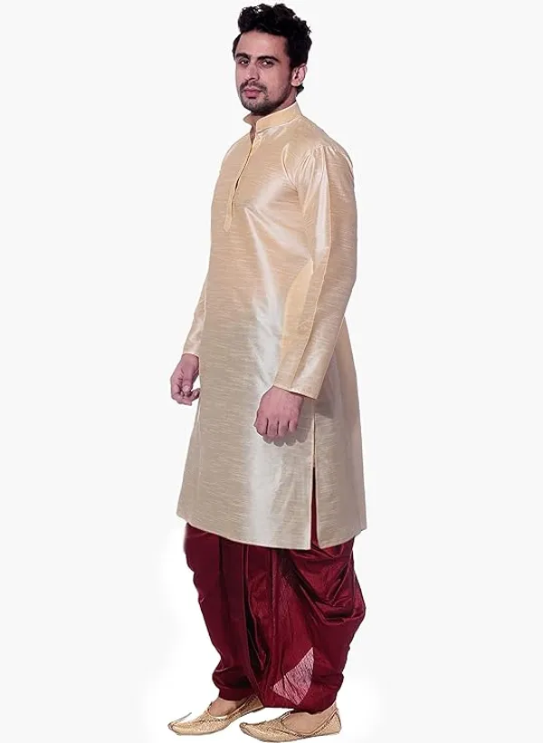 Light_Golden_Dupion_Silk_Readymade_Dhoti_Kurta_Set_For_Men