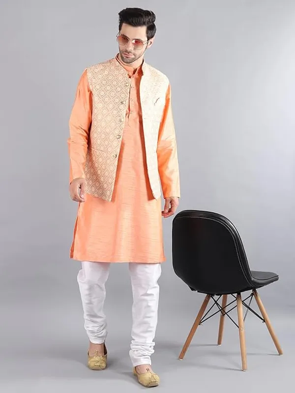 White_&_Peach_Silk_Blend_Kurta_Pajama_With_Designer_Ethnic_Nehru_Jacket_For_Men