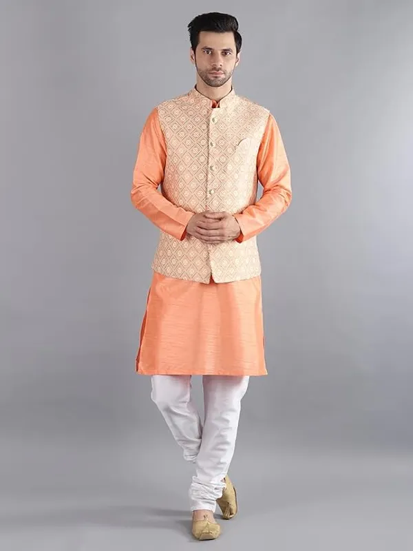White_&_Peach_Silk_Blend_Kurta_Pajama_With_Designer_Ethnic_Nehru_Jacket_For_Men
