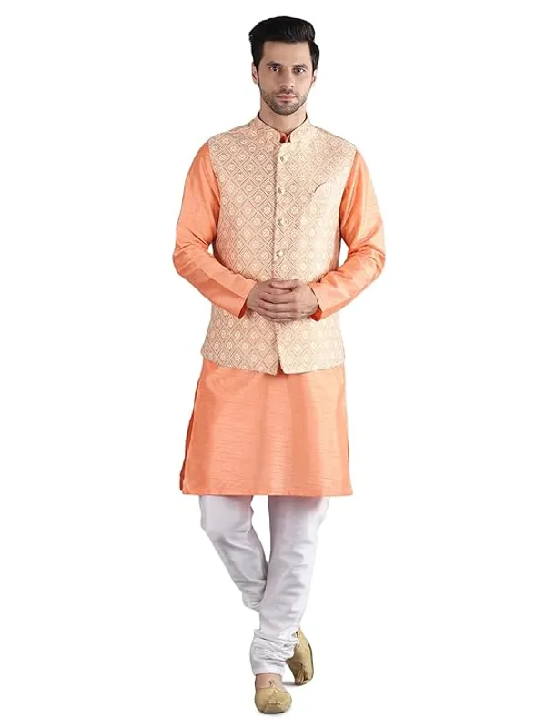 White_&_Peach_Silk_Blend_Kurta_Pajama_With_Designer_Ethnic_Nehru_Jacket_For_Men