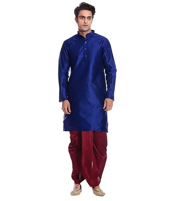 Dark_Blue_Dupion_Silk_Readymade_Dhoti_Kurta_Set_For_Men