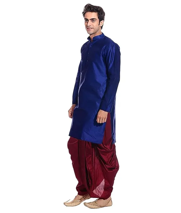 Dark_Blue_Dupion_Silk_Readymade_Dhoti_Kurta_Set_For_Men