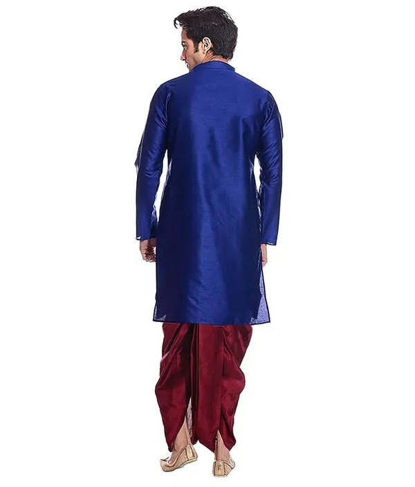Dark_Blue_Dupion_Silk_Readymade_Dhoti_Kurta_Set_For_Men