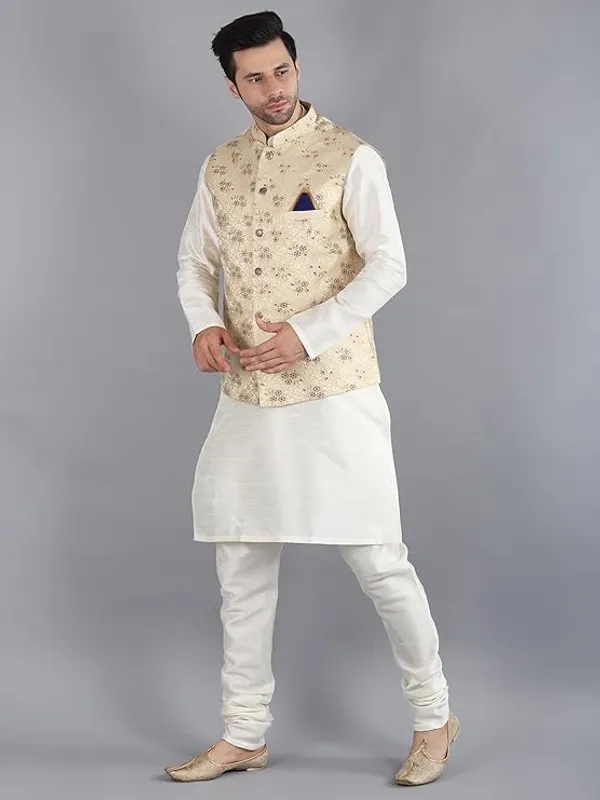 Off-White_&_Royal_Blue_Silk_Blend_Kurta_Pajama_With_Designer_Ethnic_Nehru_Jacket_For_Men