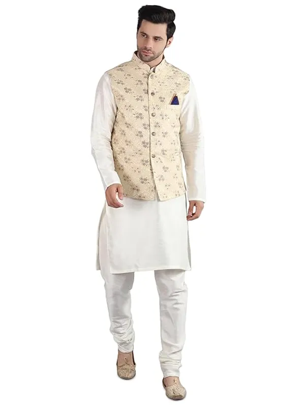 Off-White_&_Royal_Blue_Silk_Blend_Kurta_Pajama_With_Designer_Ethnic_Nehru_Jacket_For_Men
