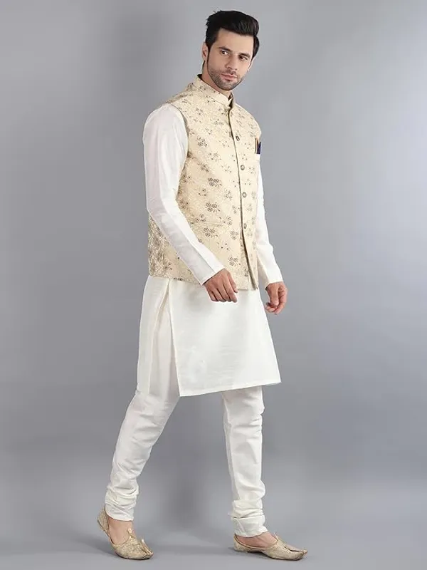 Off-White_&_Royal_Blue_Silk_Blend_Kurta_Pajama_With_Designer_Ethnic_Nehru_Jacket_For_Men
