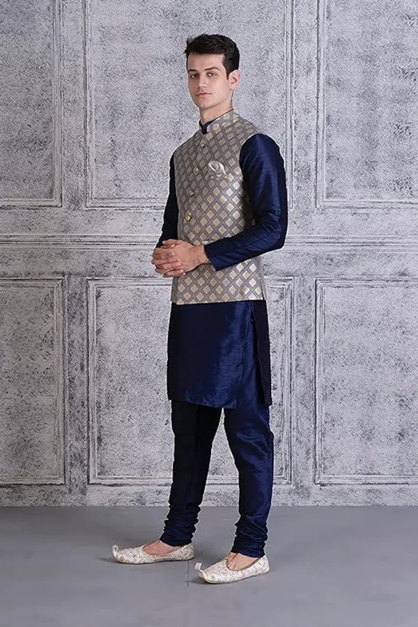 Navy_Blue_&_Grey_Silk_Blend_Kurta_Pajama_With_Designer_Ethnic_Nehru_Jacket_For_Men