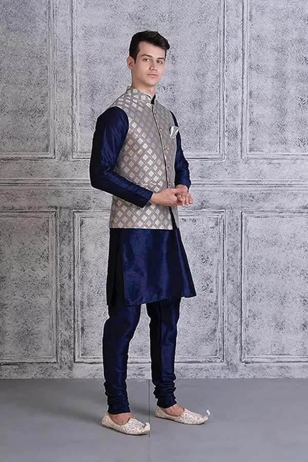 Navy_Blue_&_Grey_Silk_Blend_Kurta_Pajama_With_Designer_Ethnic_Nehru_Jacket_For_Men