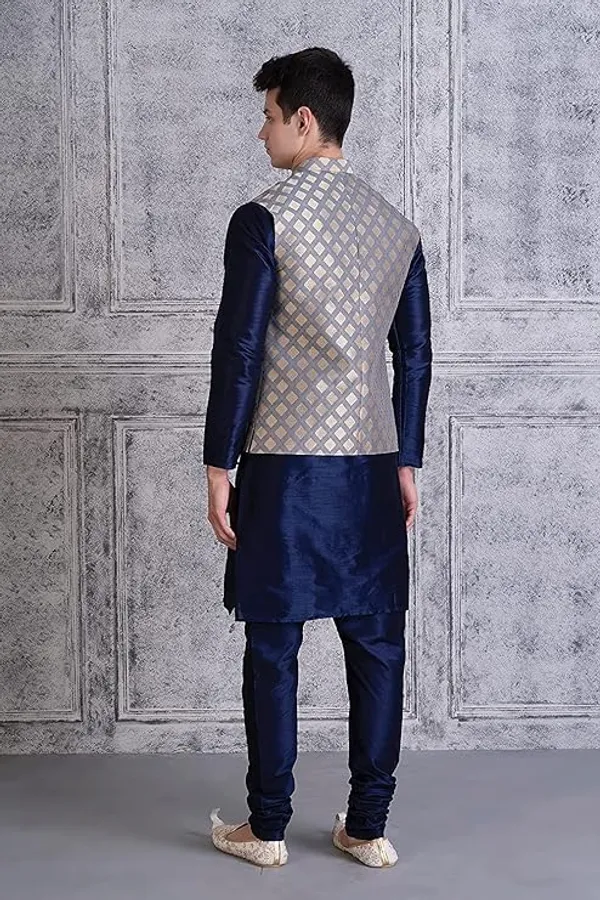 Navy_Blue_&_Grey_Silk_Blend_Kurta_Pajama_With_Designer_Ethnic_Nehru_Jacket_For_Men