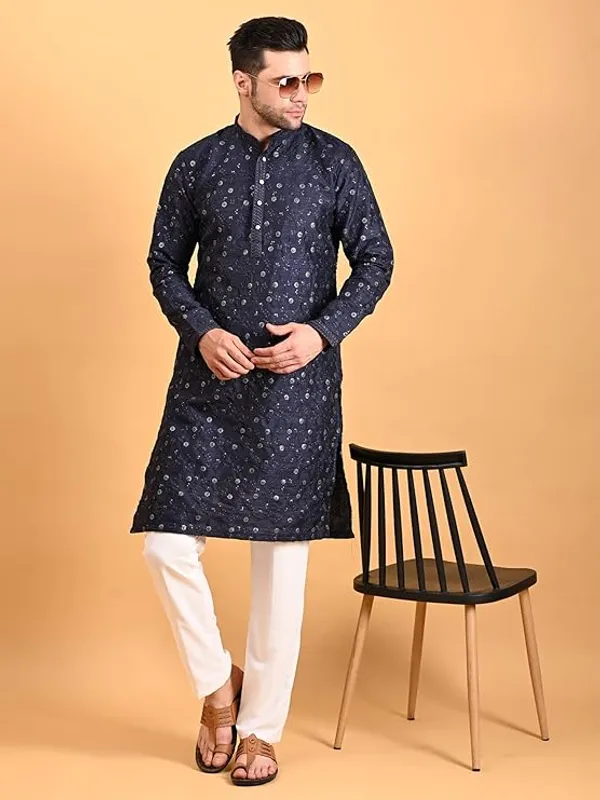 Navy_Blue_&_White_Embroidery_Silk_Kurta_Pyjama_Set_For_Men