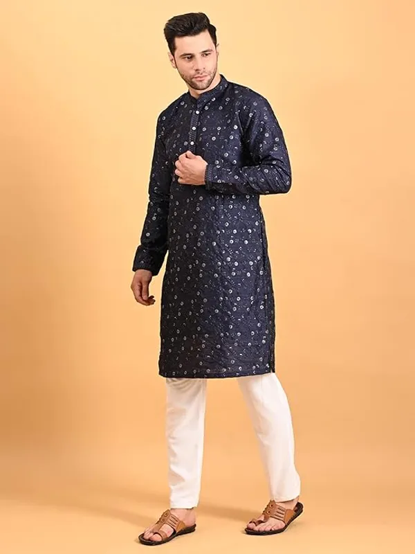 Navy_Blue_&_White_Embroidery_Silk_Kurta_Pyjama_Set_For_Men