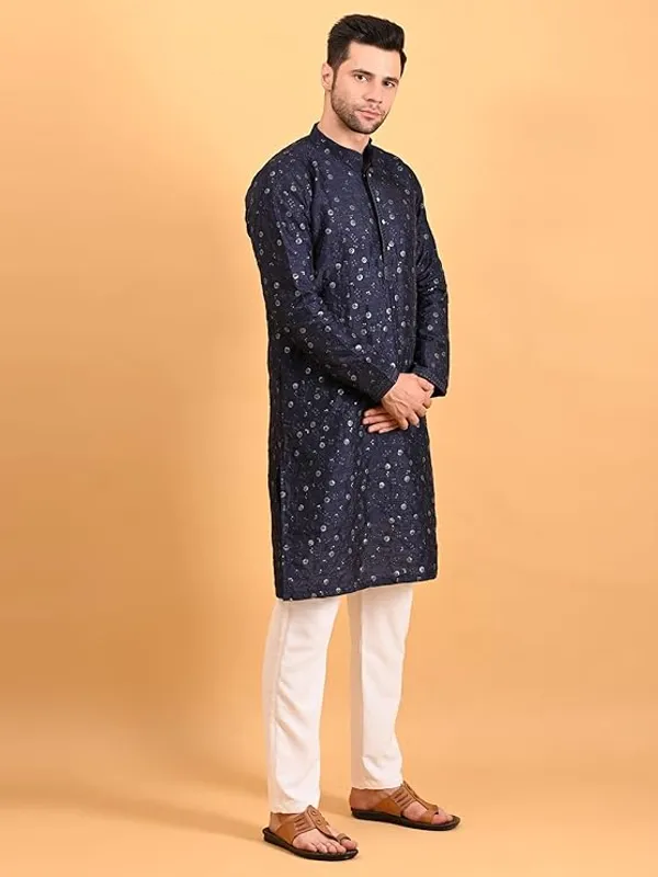 Navy_Blue_&_White_Embroidery_Silk_Kurta_Pyjama_Set_For_Men