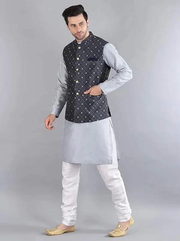 White_&_Grey_Silk_Blend_Kurta_Pajama_With_Designer_Ethnic_Nehru_Jacket_For_Men