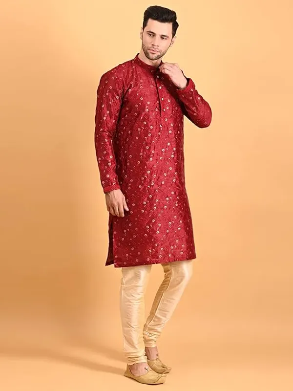 Maroon_&_Golden_Embroidery_Silk_Kurta_Pyjama_Set_For_Men
