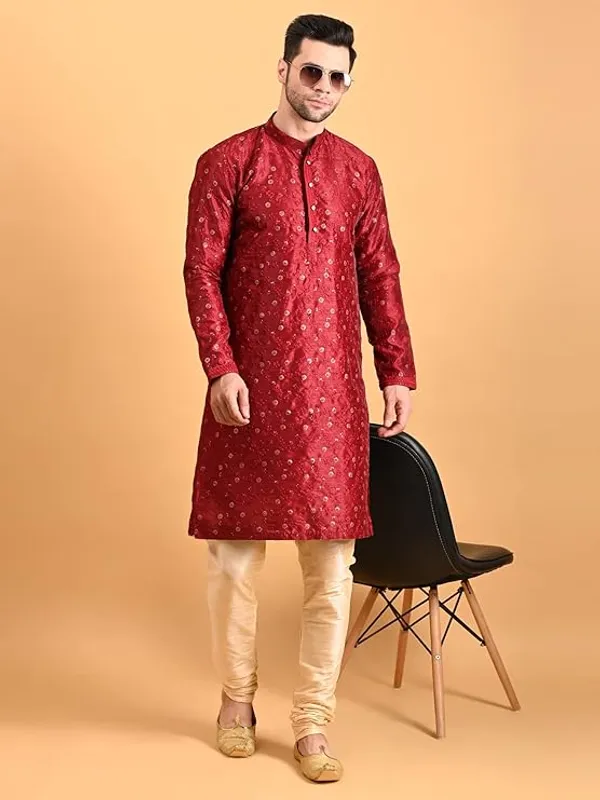 Maroon_&_Golden_Embroidery_Silk_Kurta_Pyjama_Set_For_Men