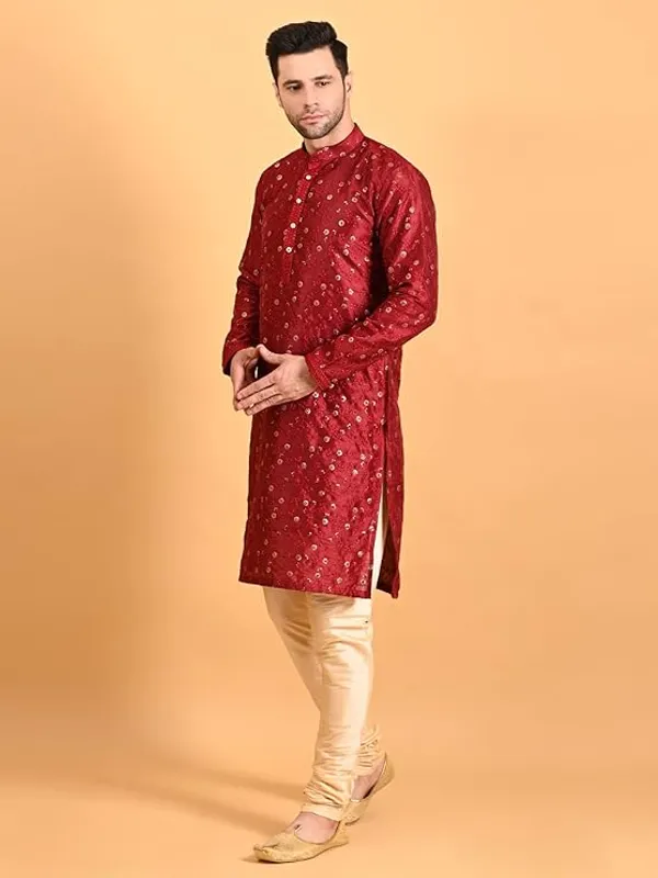 Maroon_&_Golden_Embroidery_Silk_Kurta_Pyjama_Set_For_Men