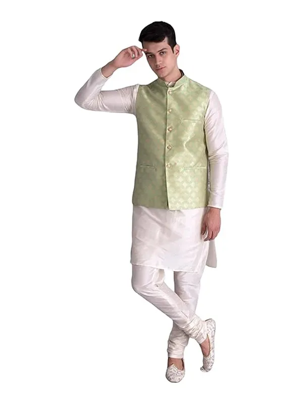 Cream_&_Green_Silk_Blend_Kurta_Pajama_With_Designer_Ethnic_Nehru_Jacket_For_Men