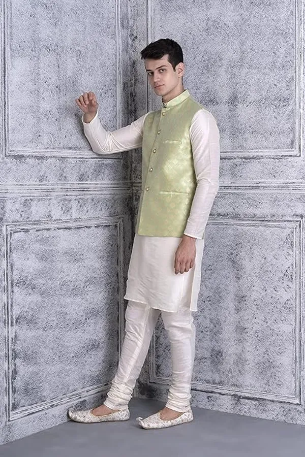 Cream_&_Green_Silk_Blend_Kurta_Pajama_With_Designer_Ethnic_Nehru_Jacket_For_Men