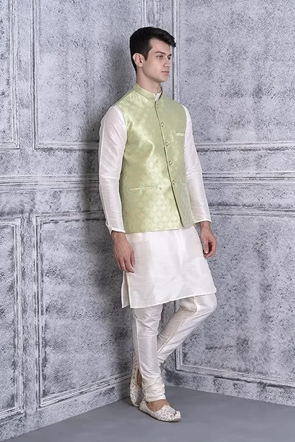 Cream_&_Green_Silk_Blend_Kurta_Pajama_With_Designer_Ethnic_Nehru_Jacket_For_Men