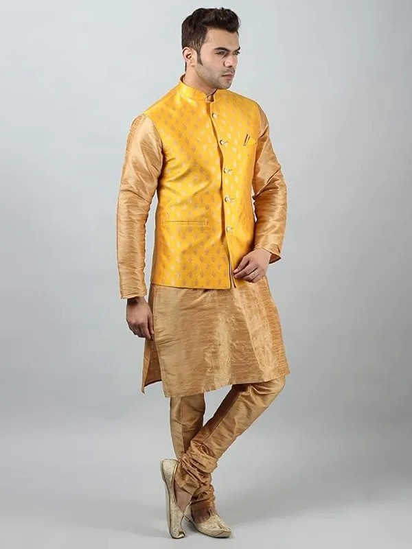 Khaki_&_Yellow_Silk_Blend_Kurta_Pajama_With_Designer_Ethnic_Nehru_Jacket_For_Men