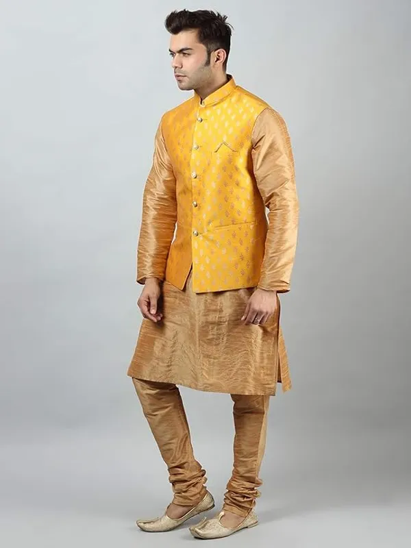 Khaki_&_Yellow_Silk_Blend_Kurta_Pajama_With_Designer_Ethnic_Nehru_Jacket_For_Men
