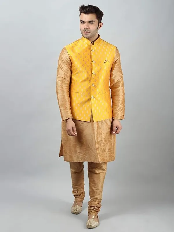 Khaki_&_Yellow_Silk_Blend_Kurta_Pajama_With_Designer_Ethnic_Nehru_Jacket_For_Men