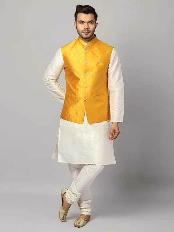 Off_White_&_Yellow_Silk_Blend_Kurta_Pajama_With_Designer_Ethnic_Nehru_Jacket_For_Men