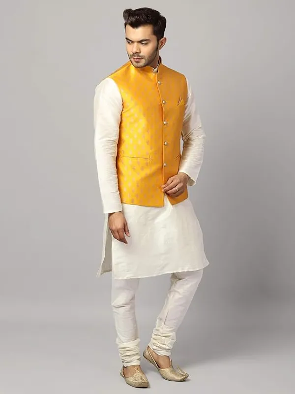 Off_White_&_Yellow_Silk_Blend_Kurta_Pajama_With_Designer_Ethnic_Nehru_Jacket_For_Men