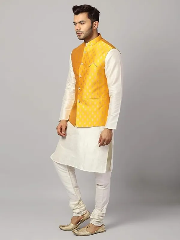 Off_White_&_Yellow_Silk_Blend_Kurta_Pajama_With_Designer_Ethnic_Nehru_Jacket_For_Men