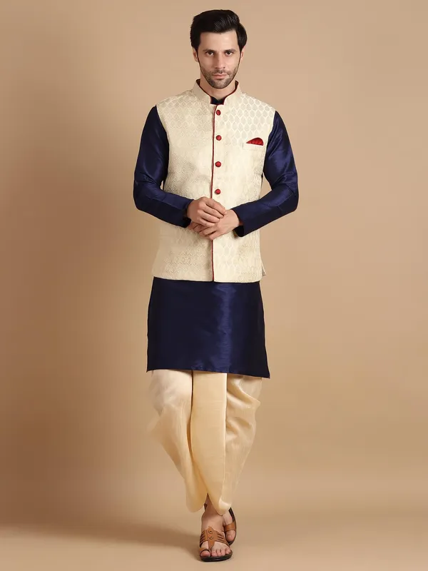 Blue_Golden_Kurta_Dhoti_With_Waistcoat_Jacket_For_Men
