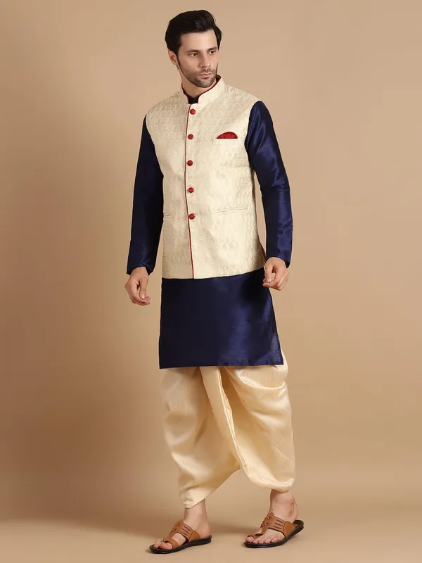 Blue_Golden_Kurta_Dhoti_With_Waistcoat_Jacket_For_Men