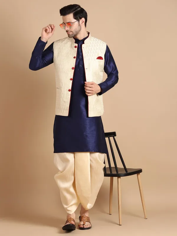 Blue_Golden_Kurta_Dhoti_With_Waistcoat_Jacket_For_Men