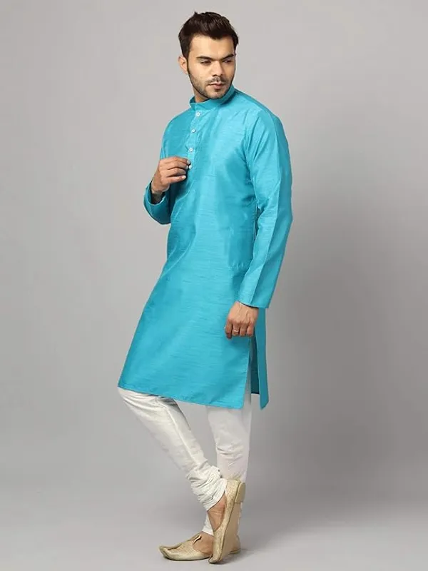 Arctic_Blue_&_White_Banarasi_Dupion_Silk_Solid_Kurta_Churidar_Pyjama_Set_For_Men